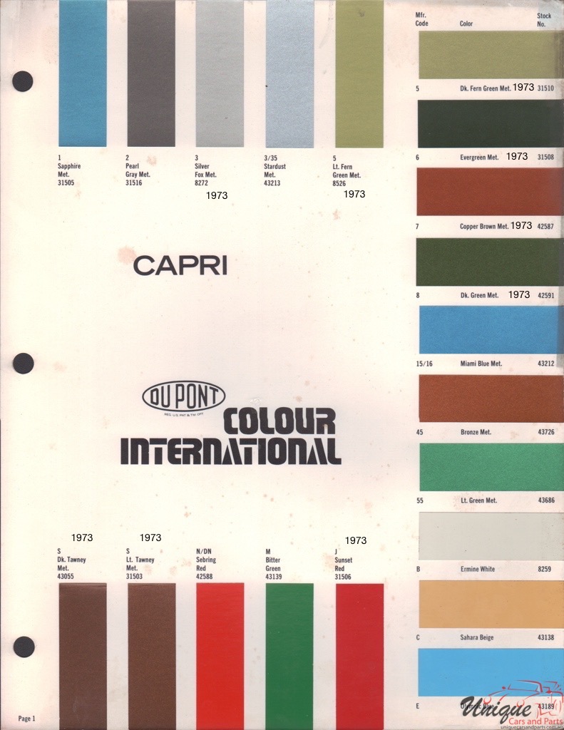 1973 Ford Capri Paint Charts DuPont